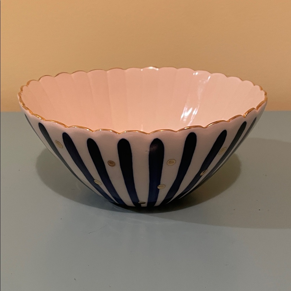 Anthropologie Bridget Bodenham White and Navy Striped Bowl with Gold Dots